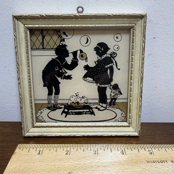 Vintage Reliance Framed Silhouette Picture Boy Girl Playing USA 4.5" Square Rare - Picture 4 of 6